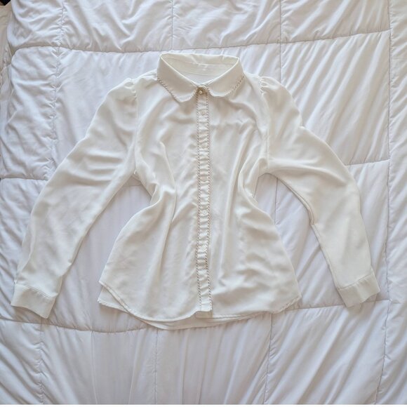Ode White Pearl Button Gold Trim Blouse - Picture 2 of 4